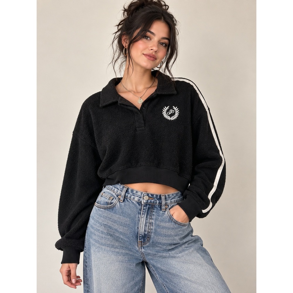 Y2K Sporty Preppy Black Cropped Fleece Polo Victoria's Secret PINK M
